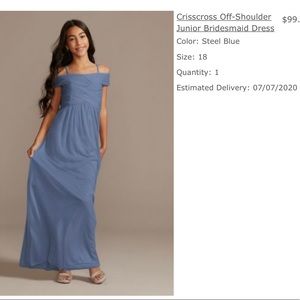 New David’s bridal junior bridesmaid dress crisscross off shoulder steel blue